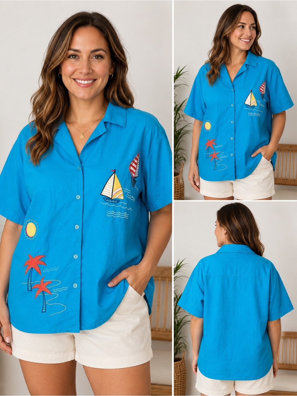 White Stag Tropical Embroidered Camp Shirt L
